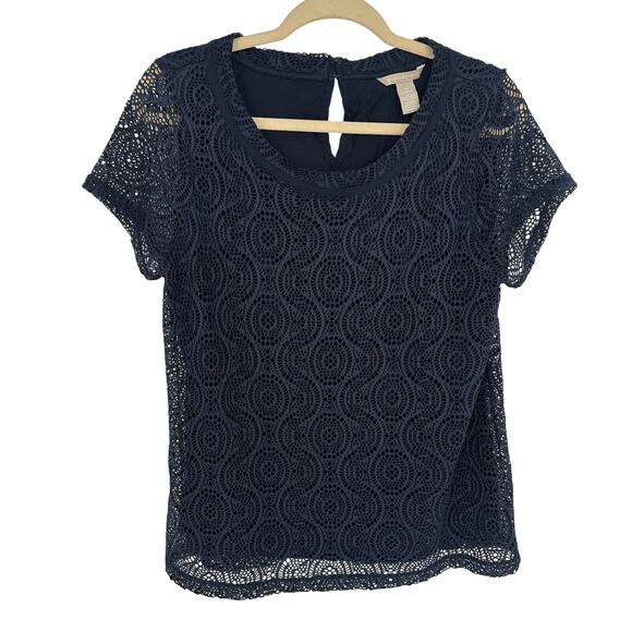 Banana Republic Blue Lace Blouse Short Sleeved Crew Neck Cocktail Formal Party L - Picture 1 of 7